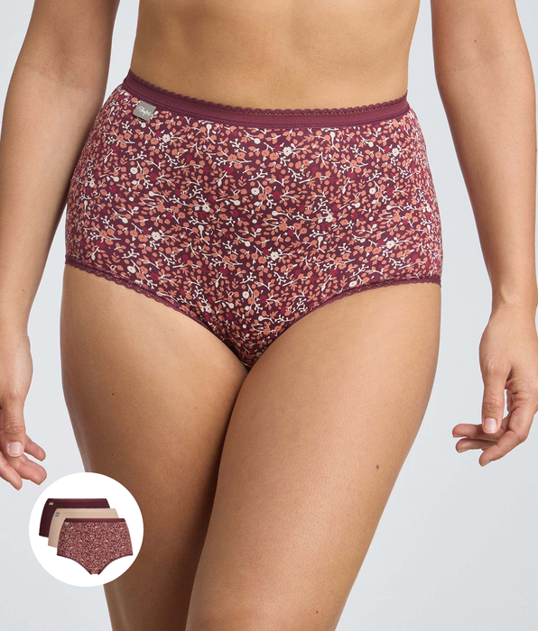 Playtex® Pack of 3 high-waisted knickers in dark purple, beige and purple floral print Cotton Stretch