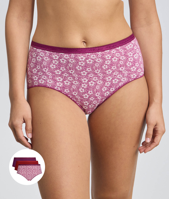 Playtex® Pack of 3 midi knickers in pomegranate, purple and purple floral print Organic Cotton