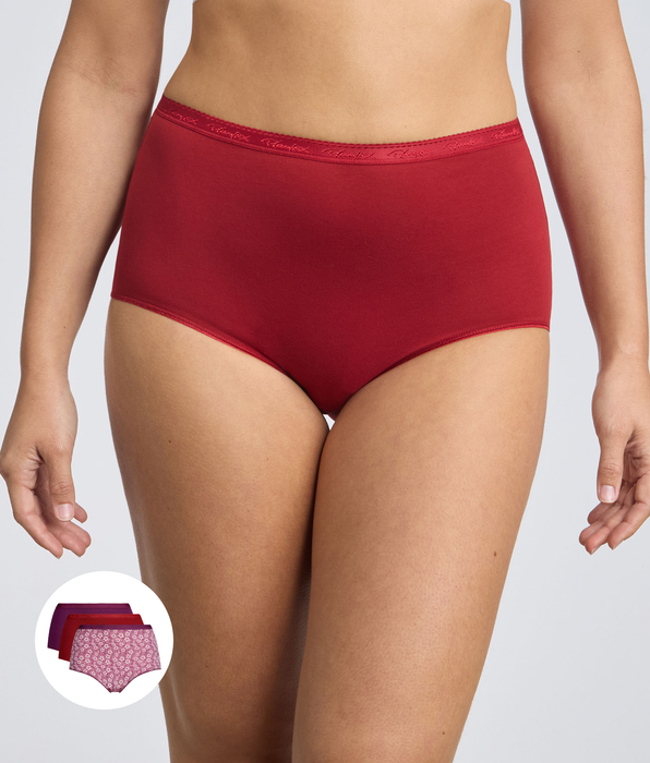 Playtex® Pack of 3 high-waisted knickers in pomegranate, purple and purple floral print Organic Cotton